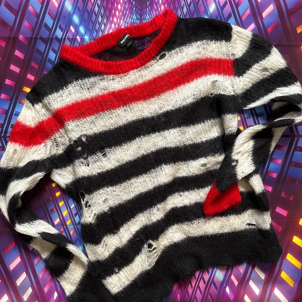 Diesel Y2K Black and White Stripe Punk Sweater Red Accents Mohair Size M